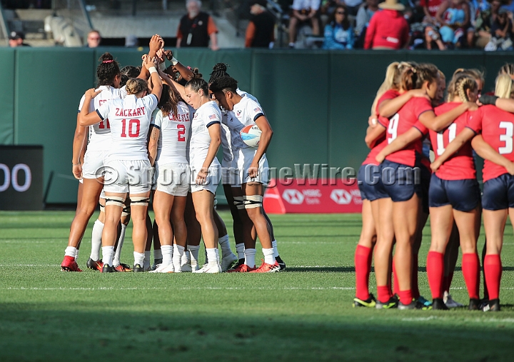 2018RugbySevensFri-35.JPG - The United States huddles before facing Russia in the quarterfinals of the 2018 Rugby World Cup Sevens, July 20-22, 2018, held at AT&T Park, San Francisco, CA. USA defeated Russia 33-17.